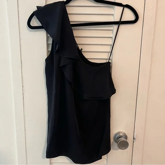 Theory Asymmetrical, One-shoulder Silk Blouse with Ruffle - Picture 2 of 12